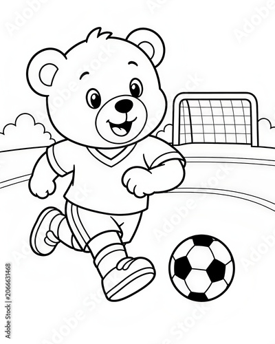 Cute Teddy Bear Playing Soccer Coloring Page for Kids Black and White Cartoon Illustration