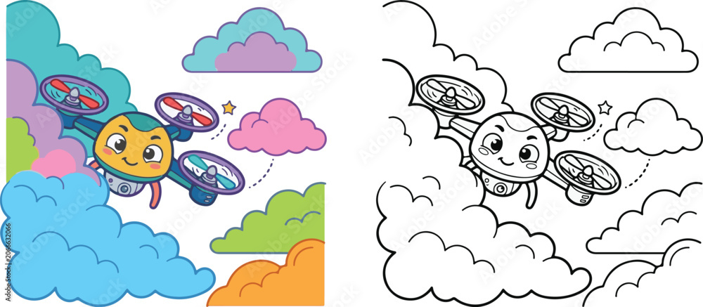 Naklejka premium drone playing hide seek clouds flying in sky cloud cartoon clipart and lineart print vector illustration for color coloring book