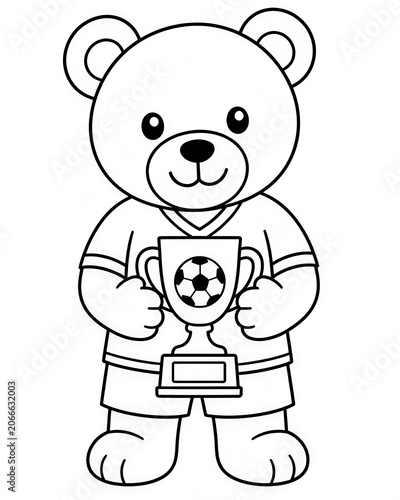 Cute Teddy Bear Playing Soccer Coloring Page for Kids Black and White Cartoon Illustration