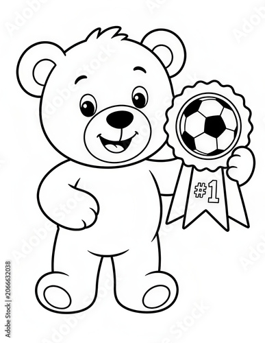 Cute Teddy Bear Playing Soccer Coloring Page for Kids Black and White Cartoon Illustration