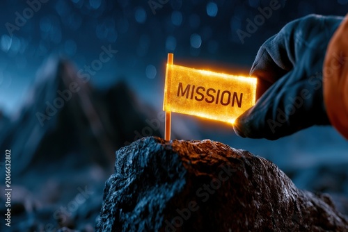 Gloved hand of an explorer planting a glowing yellow mission flag on a dark rocky surface at night