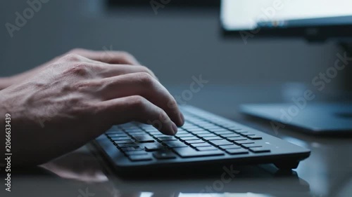 Close-up of hands typing on a computer keyboard in dim lighting.