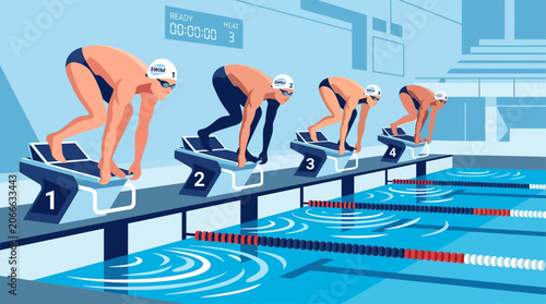 A tense flat design illustration depicting the thrilling start of a competitive swimming race, with athletes poised on starting blocks. 