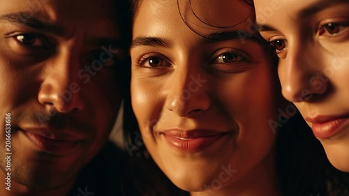 Three People Close Together Smiling and Looking at Camera.