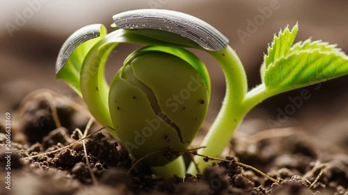 Close-Up of a Sprouting Seedling Emerging from the Soil in Spring.
