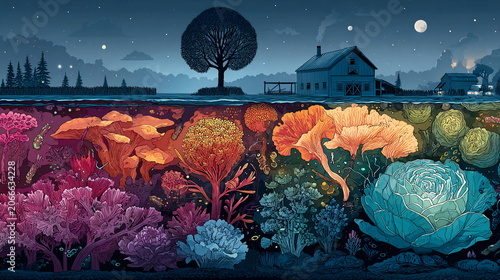 Colorful microbial life forms glowing under moonlight in futuristic garden landscape