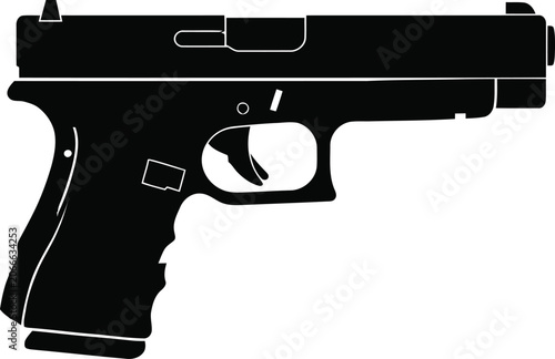 Fotografie Black silhouette of a semi automatic pistol isolated on white background for mil