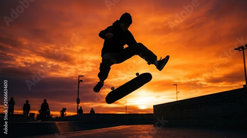 A silhouette of a skateboarder performing an airborne trick against a vibrant sunset sky background.
