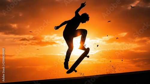 A silhouetted skateboarder performs a daring mid-air trick against a vibrant golden sunset backdrop.