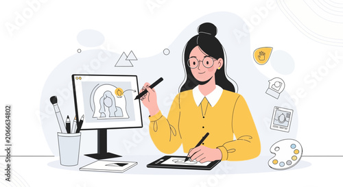 Illustrator at Work: Digital Artist Creating Art on Computer and Tablet with Drawing Tools