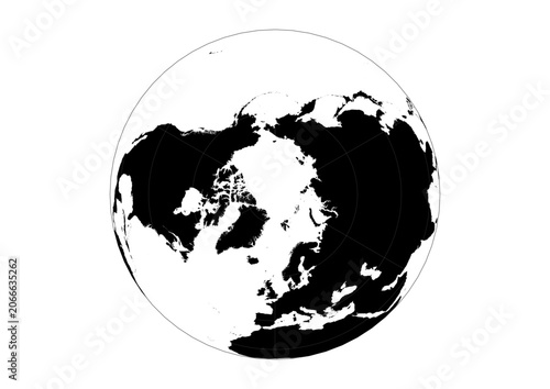 Orthographic 3D Globe Vector Grid The North Pole Arctic View Solid Black Silhouette Map with White Latitude Longitude Grid and Black Horizon Line