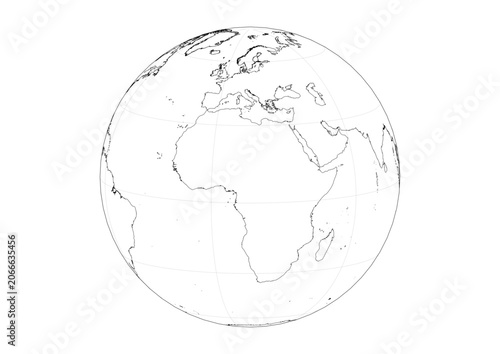 Orthographic 3D Globe Vector Grid Europe and Africa EMEA Region Transparent Map with Latitude Longitude Grid and Black Outlines