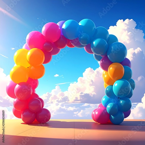 Colorful Balloon Arch Standing on Sunny Terrace Under Blue Sky