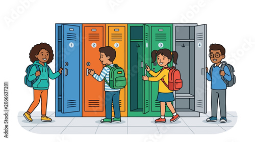 Children with backpacks by colorful school lockers opening and closing doors