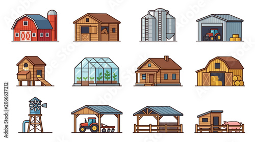 Collection of agricultural buildings and structures on white background