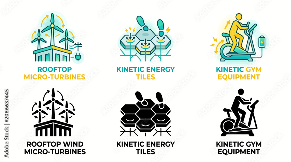 Fototapeta premium Eco friendly renewable energy vector icon set showing green technology solutions like kinetic tiles wind micro turbines and power generating gym workouts