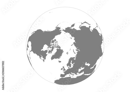 Orthographic 3D Globe Vector The North Pole Arctic View Solid Grey Silhouette Map with Grey Horizon Line