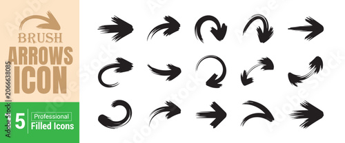 Brush arrows icon set with fifteen professional filled symbols for artistic layouts and graphics.