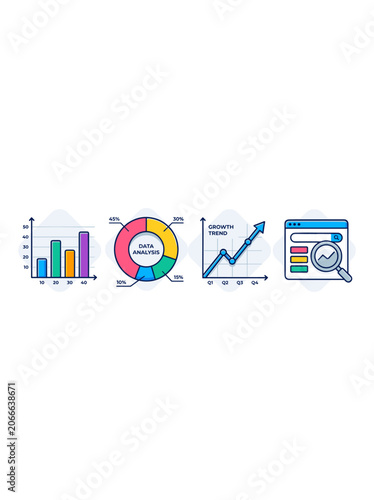 Collection of colorful business data charts and analytics icons with pie chart bar graph analytics business research