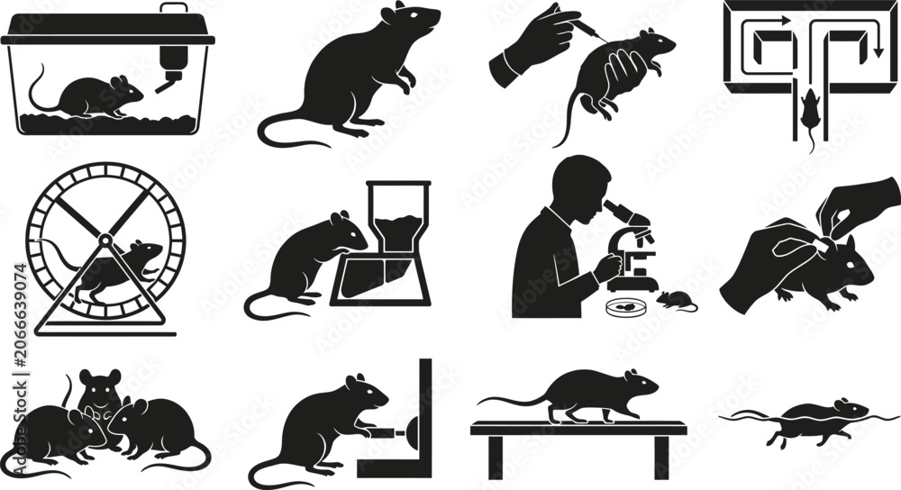 Obraz premium Laboratory Rats and Mice Research Experiments Animal Testing Biomedical Science Silhouette Set