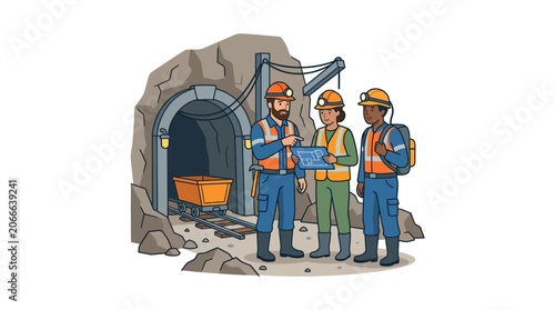 Miners collaborate near mine entrance with tools and plans