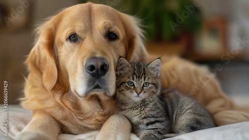 A golden retriever and kitten sitting together peacefully in a cozy indoor setting.