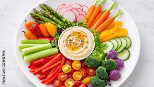 Colorful healthy appetizer arranged on white plate, clean overhead presentation.
