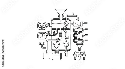 Vászonkép Industrial laboratory extraction and distillation apparatus line art