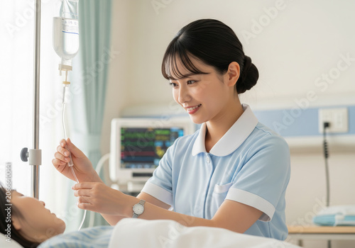 病室で点滴の調整を優しく行う看護師の女性