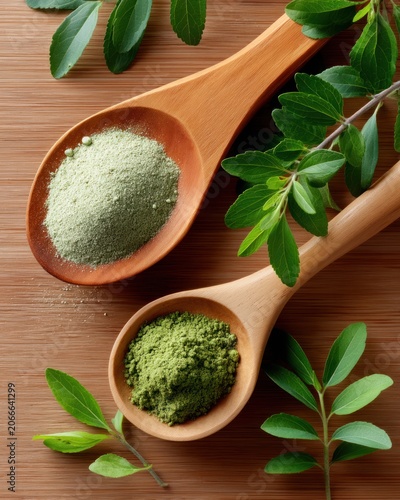 Flat lay of fresh stevia leaves and dried stevia powder in wooden spoon for natural sweetener concept