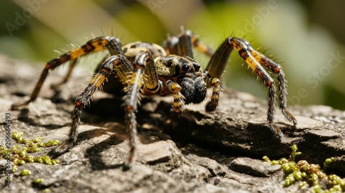 Close up macro view of a patterned wolf spider walking on a textured tree bark surface in natural forest lighting in a wild outdoor environment