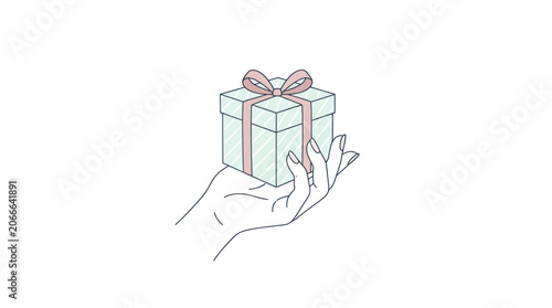 Fotografie Hand holding a gift box with pink ribbon, minimalist line art illustration