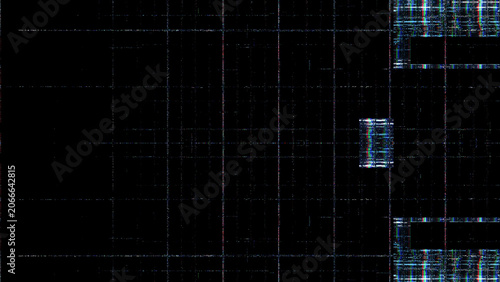 Obraz na płótnie Digital grid glitch on black background, abstract data disturbance with vertical and horizontal lines