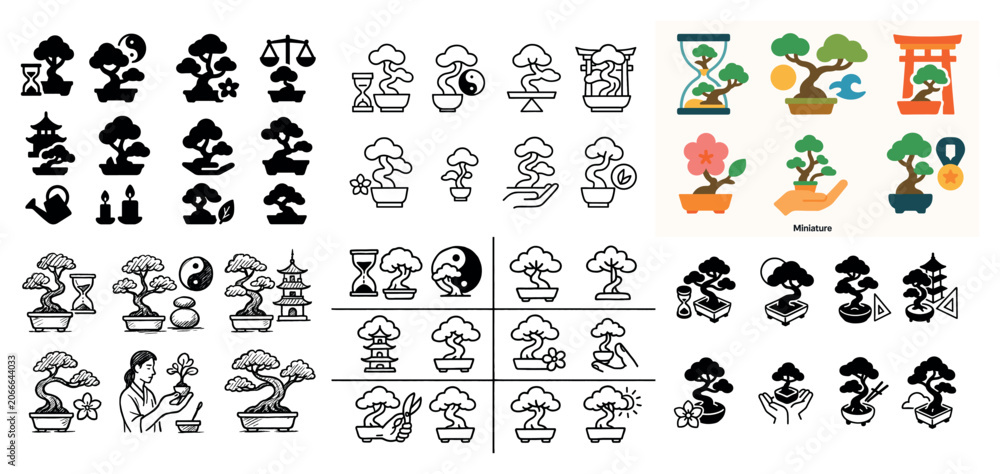 Fototapeta premium Zen garden icons with bonsai tree pot outline