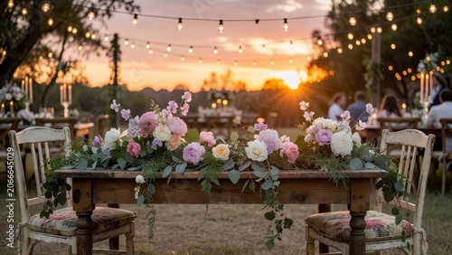 Reception sweetheart table with pink flowers and candle glow in scenic outdoor wedding field