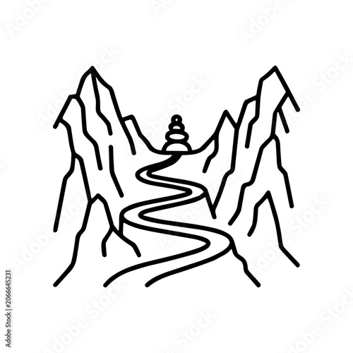Black line drawing mountain range landscape.