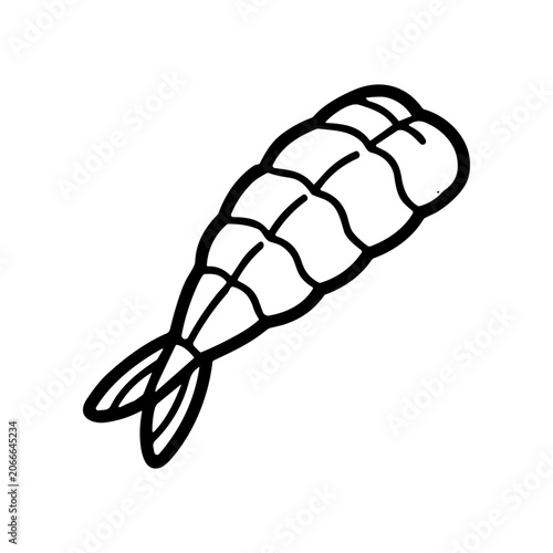Black line drawing of a shrimp.