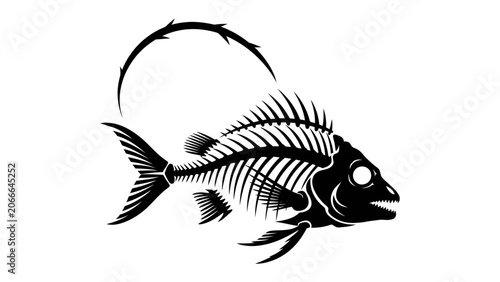 Φωτογραφία Fish Skeleton Icon: A striking black and white graphic illustration of a fish skeleton, showcasing intricate bone structure with a curved spine forming a stylized element