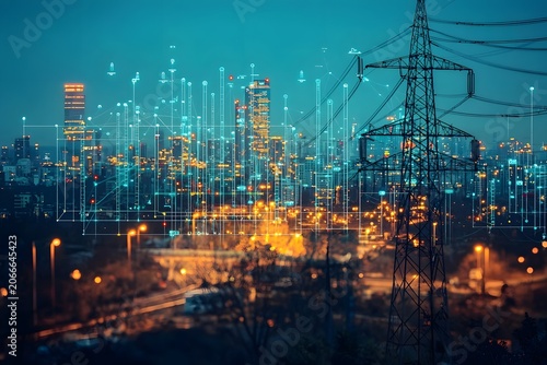 High voltage towers against colorful sunset sky and city photography