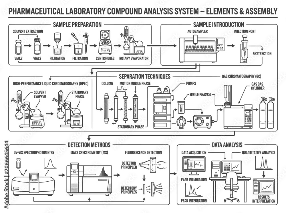 Obraz premium Pharmaceutical laboratory compound analysis system technical diagram.