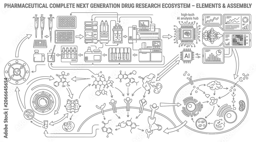 Obraz premium Next generation drug research and AI ecosystem flowchart.