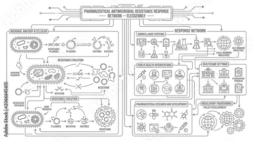 Cuadro en lienzo Pharmaceutical antimicrobial resistance response network infographic
