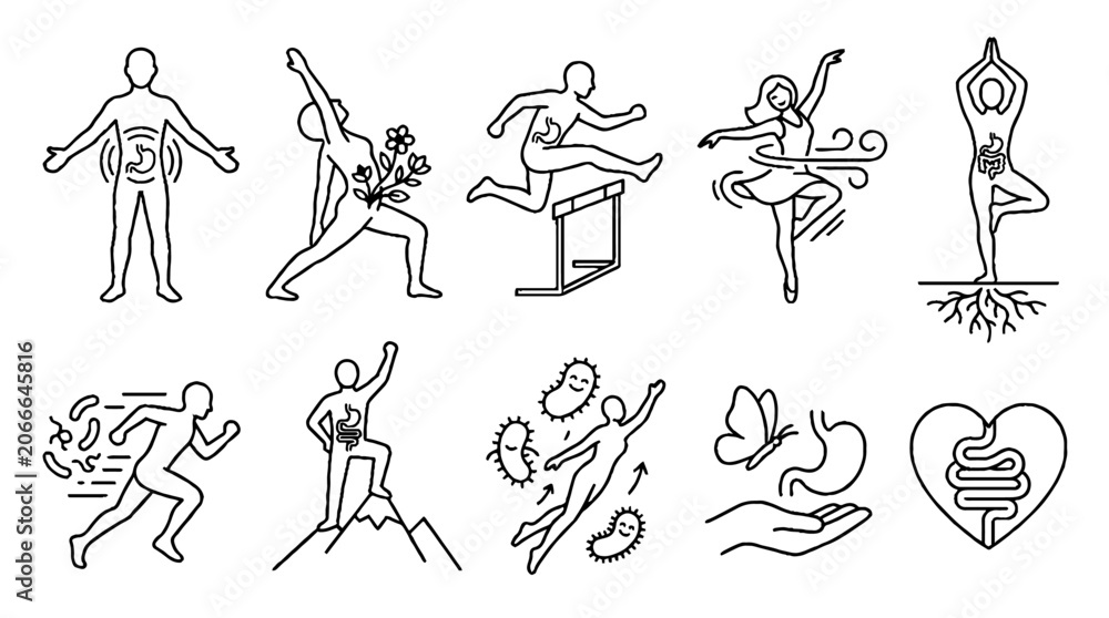 Fototapeta premium Gut health and digestive system wellness line icons set showing human figures in active poses.