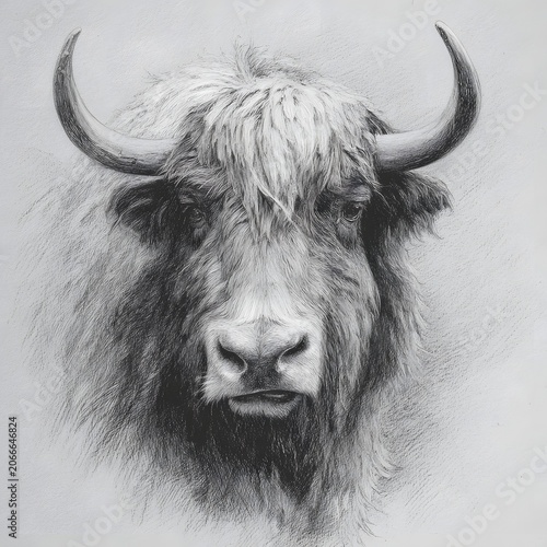 Highland animal yak drawing with realistic fur flow picture