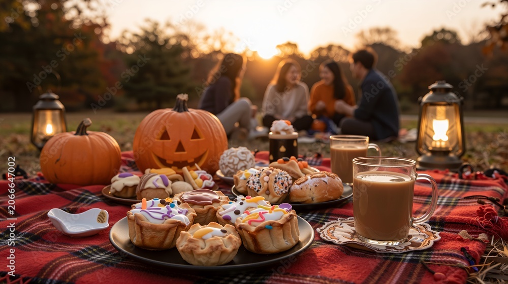 Fototapeta premium Autumn Halloween Picnic with Pumpkin Desserts, Hot Drinks, Lanterns and Friends at Sunset in Park