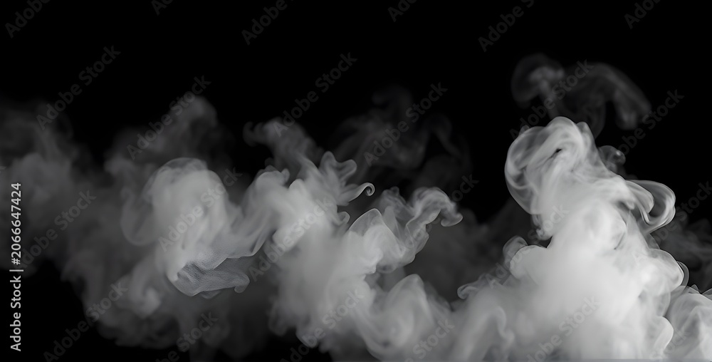 Obraz premium Realistic thick white fog and smoke rolling horizontally across the frame. The smoke is isolated on a completely solid black background. Volumetric