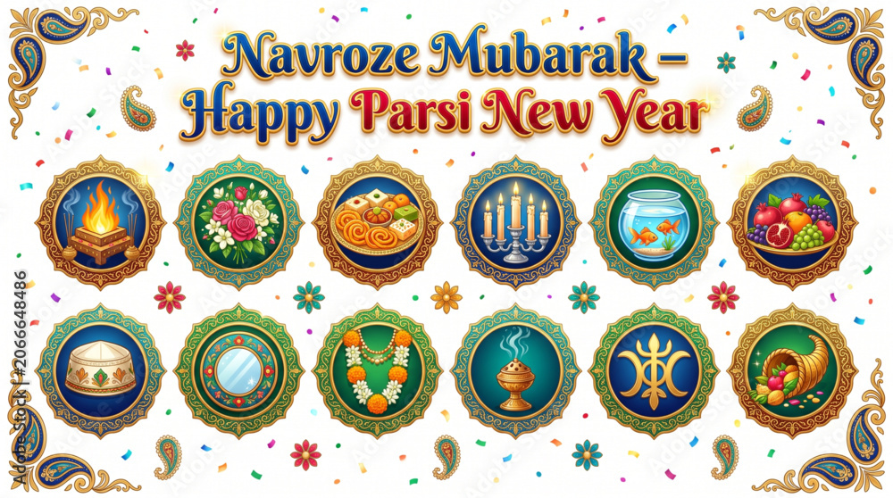 Fototapeta premium Colorful Navroze Mubarak symbols collection for Parsi New Year celebration design