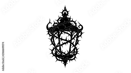 Fotografie Thorn-Wrapped Lantern Silhouette: An intricate black silhouette of a vintage lantern entwined with sharp, menacing thorns, evoking a gothic and dark aesthetic for creative projects