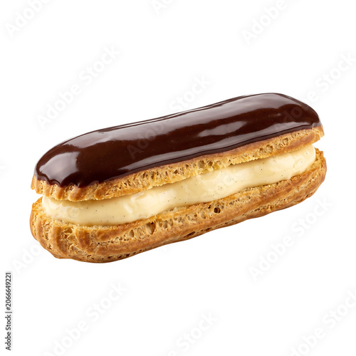 Delicious chocolate eclair with vanilla cream filling, a classic french pastry dessert, isolated on transparent background