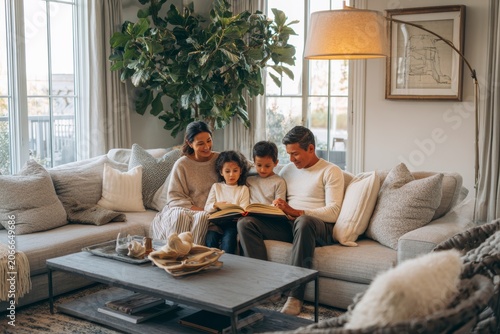happy diverse family having quality time at home in the living room. Cozy flat or apartment scene with family reading together, neutral color palette and natural light. 